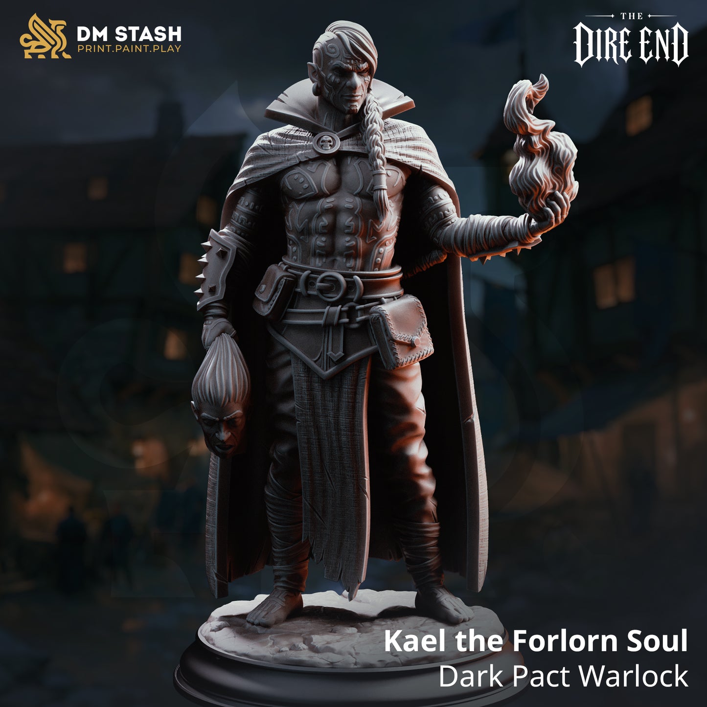 A 3D-rendered dark fantasy resin miniature titled "Kael the Forlorn Soul - Dark Pact Warlock" by DM Stash. The elf or half-elf warlock stands with a high-collared cape, intricate body markings, and a braided hairstyle, holding a severed head in one hand and a magical flame in the other.