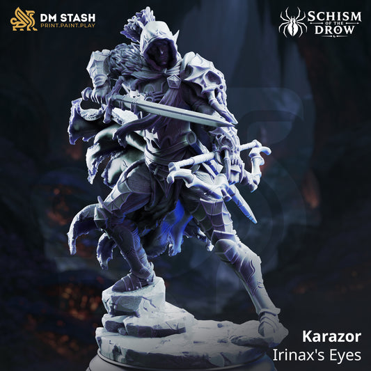 Karazor Drow ranger miniature advancing with a drawn sword, bow, hooded cloak, skull shoulder armor, and broken-stone base