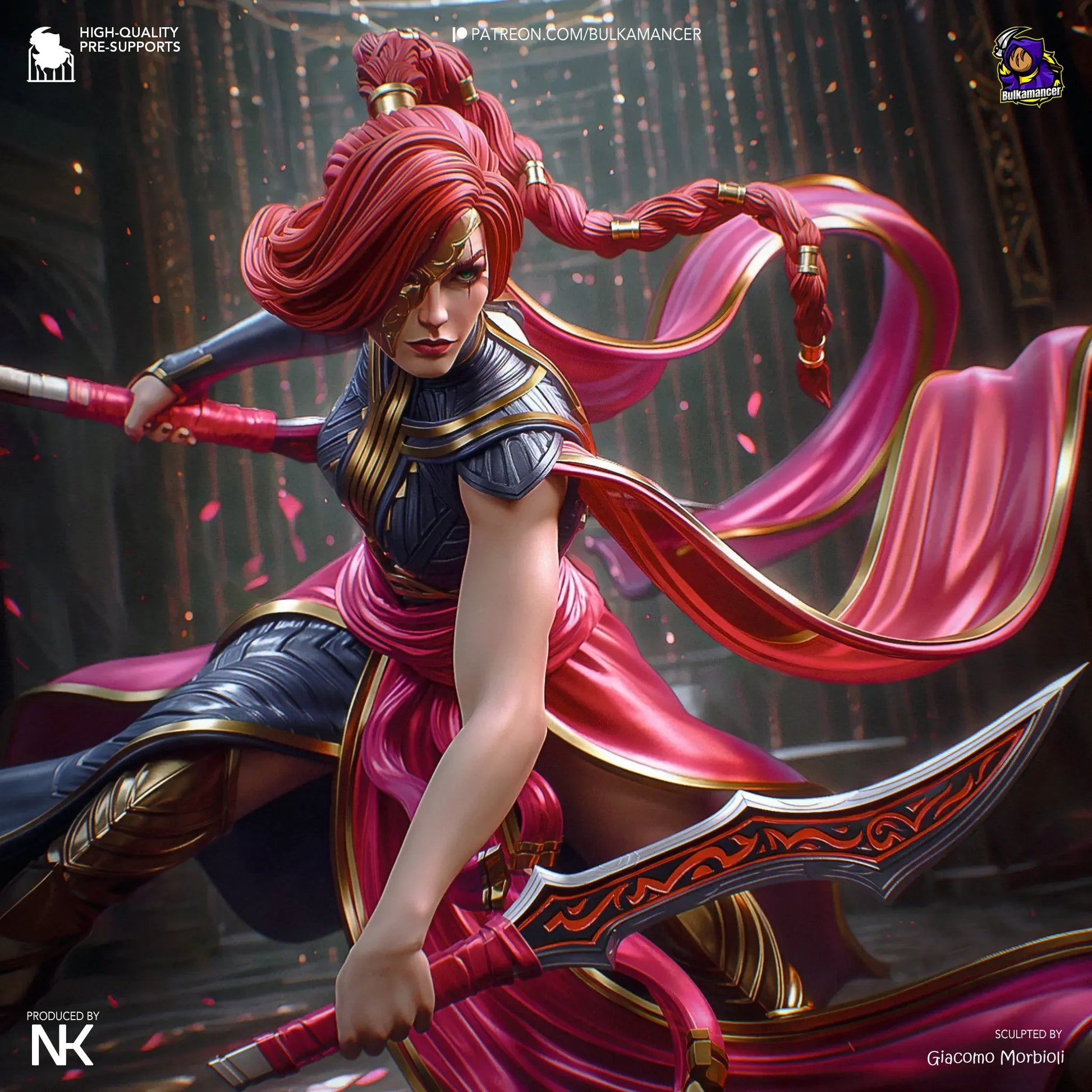 Katarina League of Legends assassin statue close-up with twin daggers and intense look