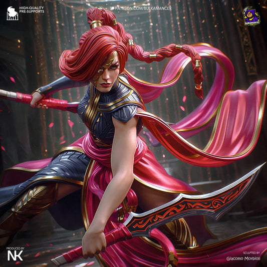 Katarina League of Legends assassin statue close-up with twin daggers and intense look
