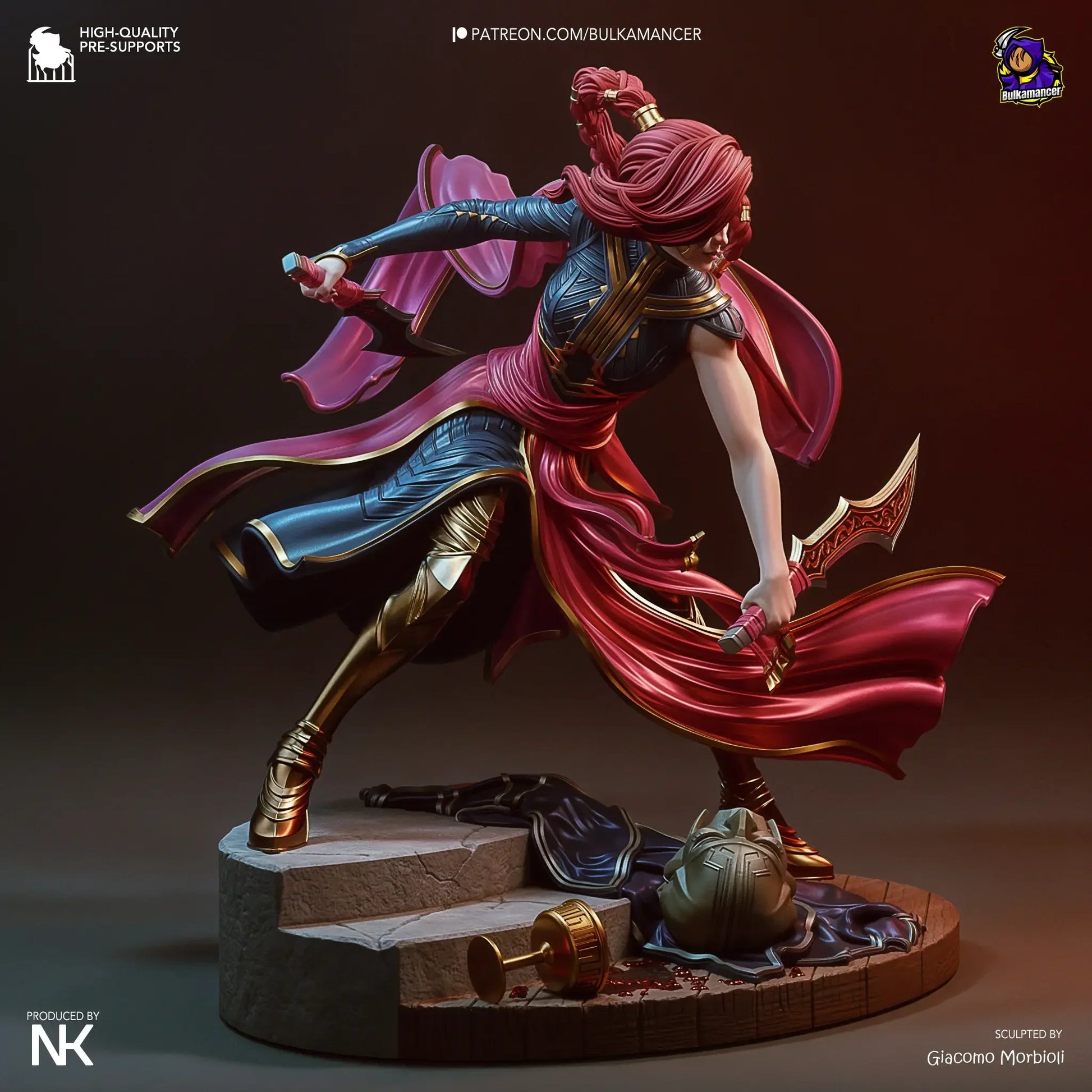 digital rendering of Katarina model with gold boots, twin blades and dramatic pose