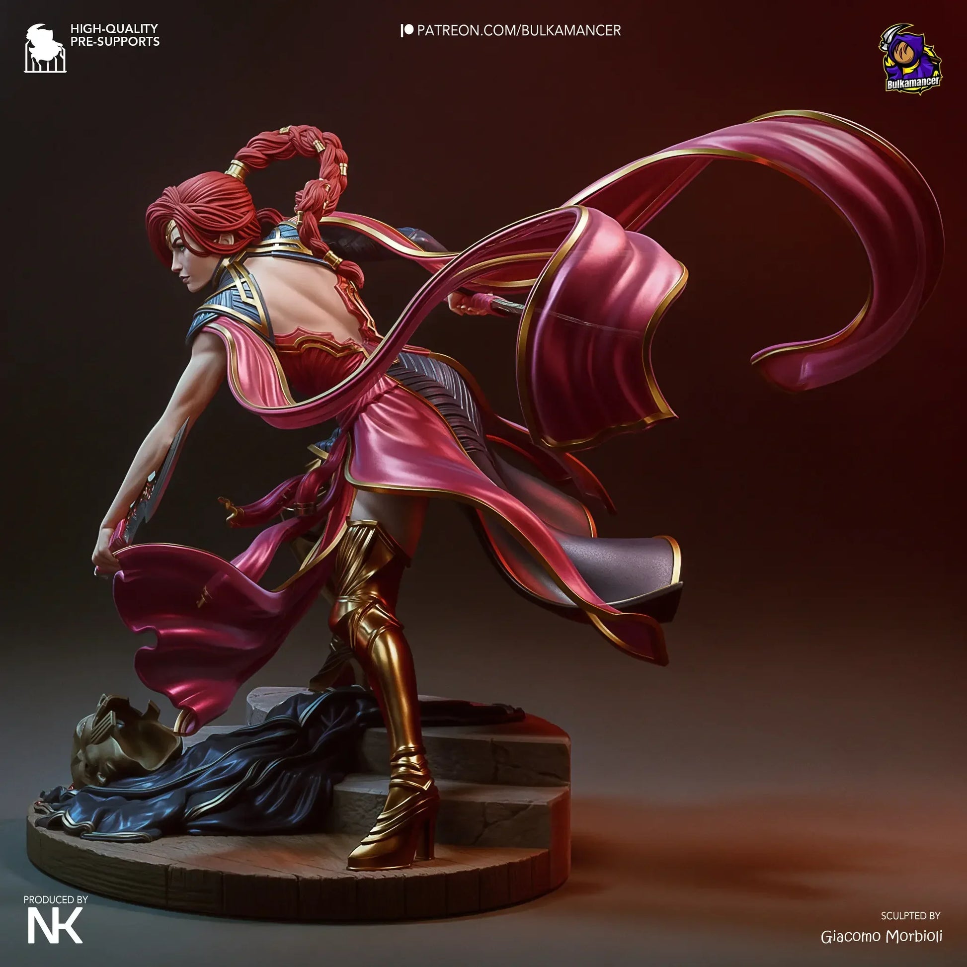 Rear view of Katarina figure showing long hair and swirling cloak