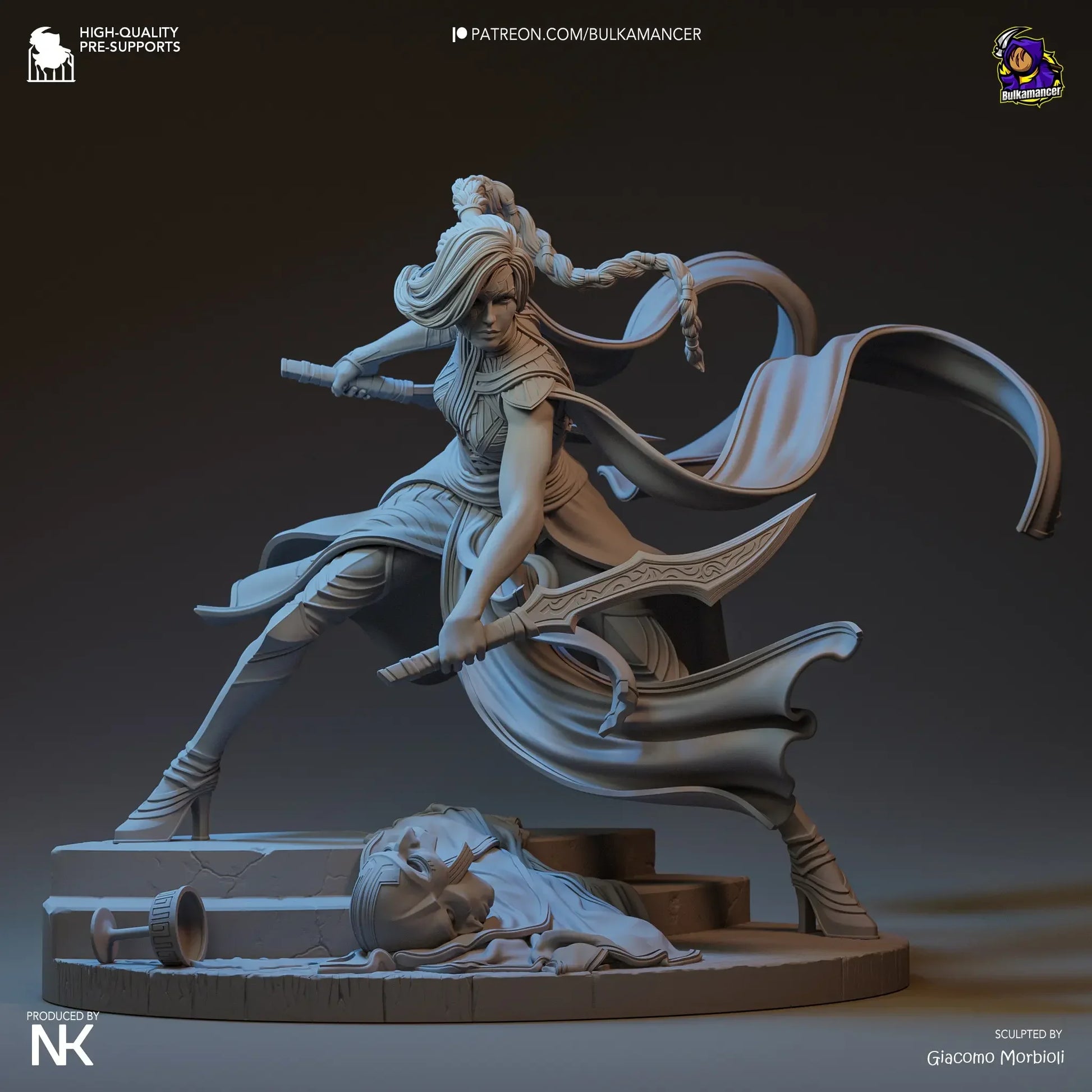 Unpainted gray resin Katarina statue with twin blades, ready for painting