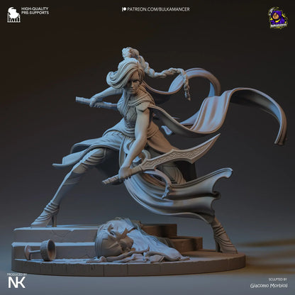 Unpainted gray resin Katarina statue with twin blades, ready for painting