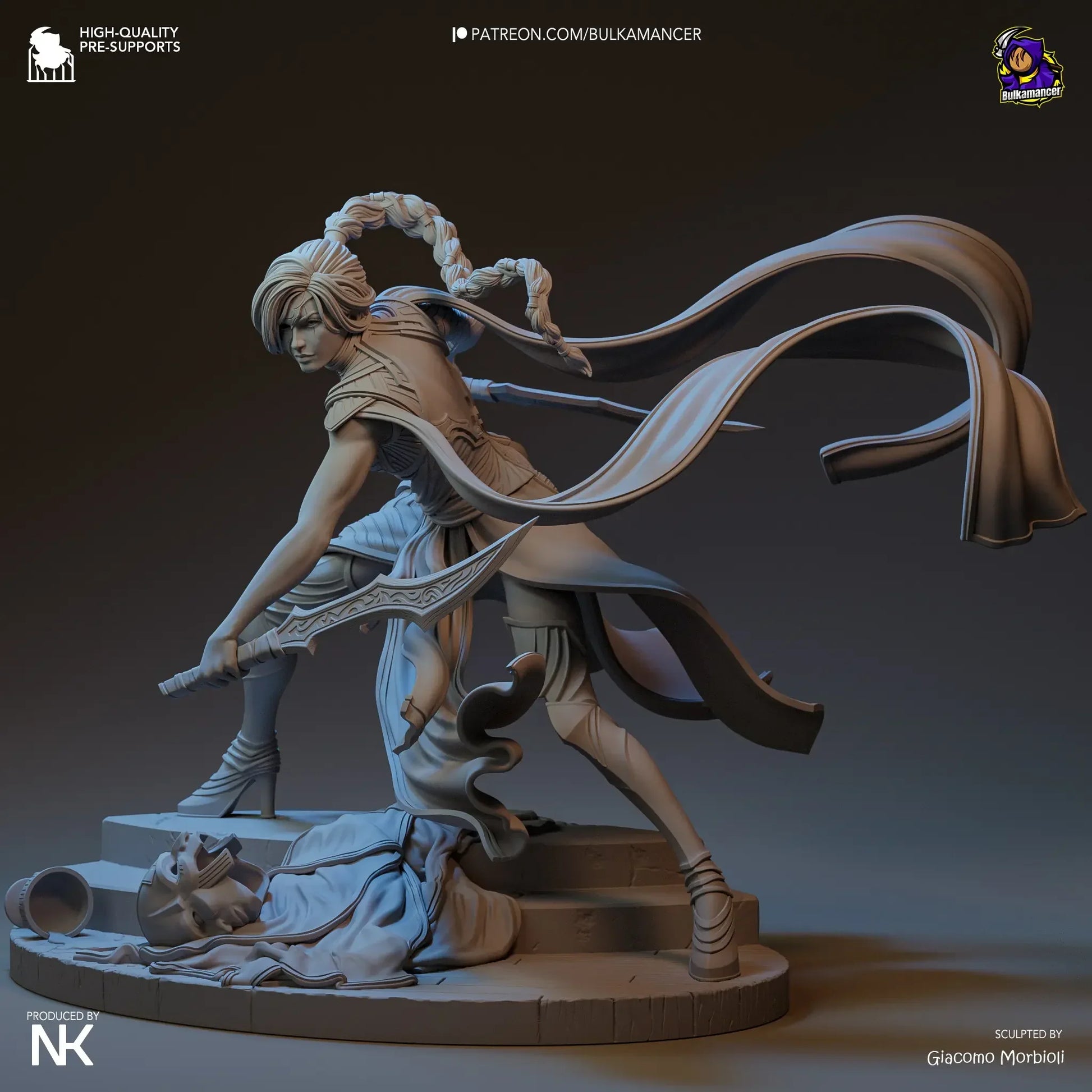 Back angle of Katarina showing detailed hair and flowing ribbons in gray resin