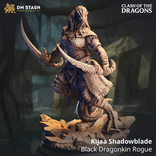 Front render view of the unpainted resin Kijaa Shadowblade Black Dragonkin Rogue miniature dual-wielding curved blades on a rocky base.