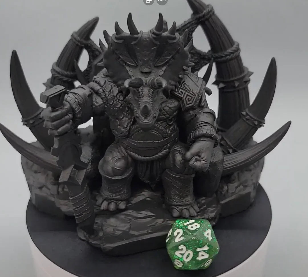 King Albardon seated on a massive throne with a horned saurian form, jagged armor, and an oversized blade.