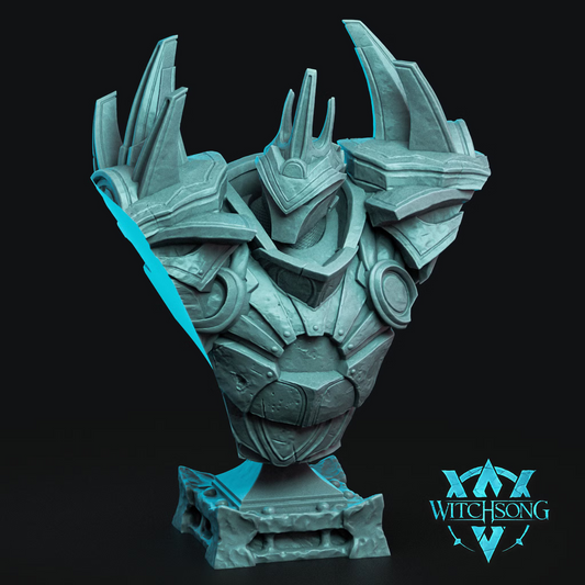 Display bust of The King of the Dawn showing the crowned helmet, massive shoulder armor, layered chest plate, and scenic pedestal.