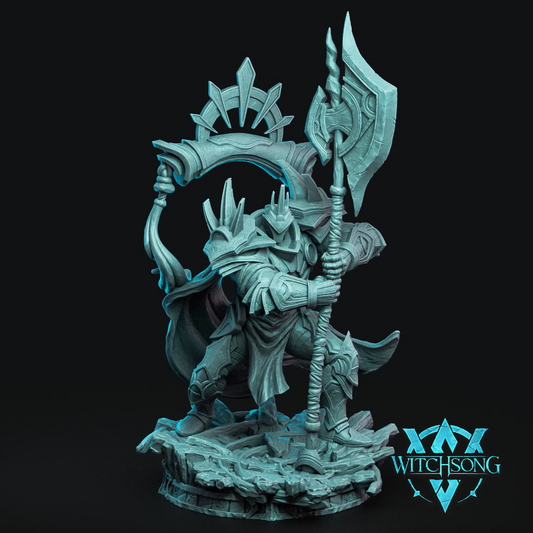 The King of the Dawn Huge Celestial in ornate heavy armor holding a massive divine polearm on a detailed scenic base.
