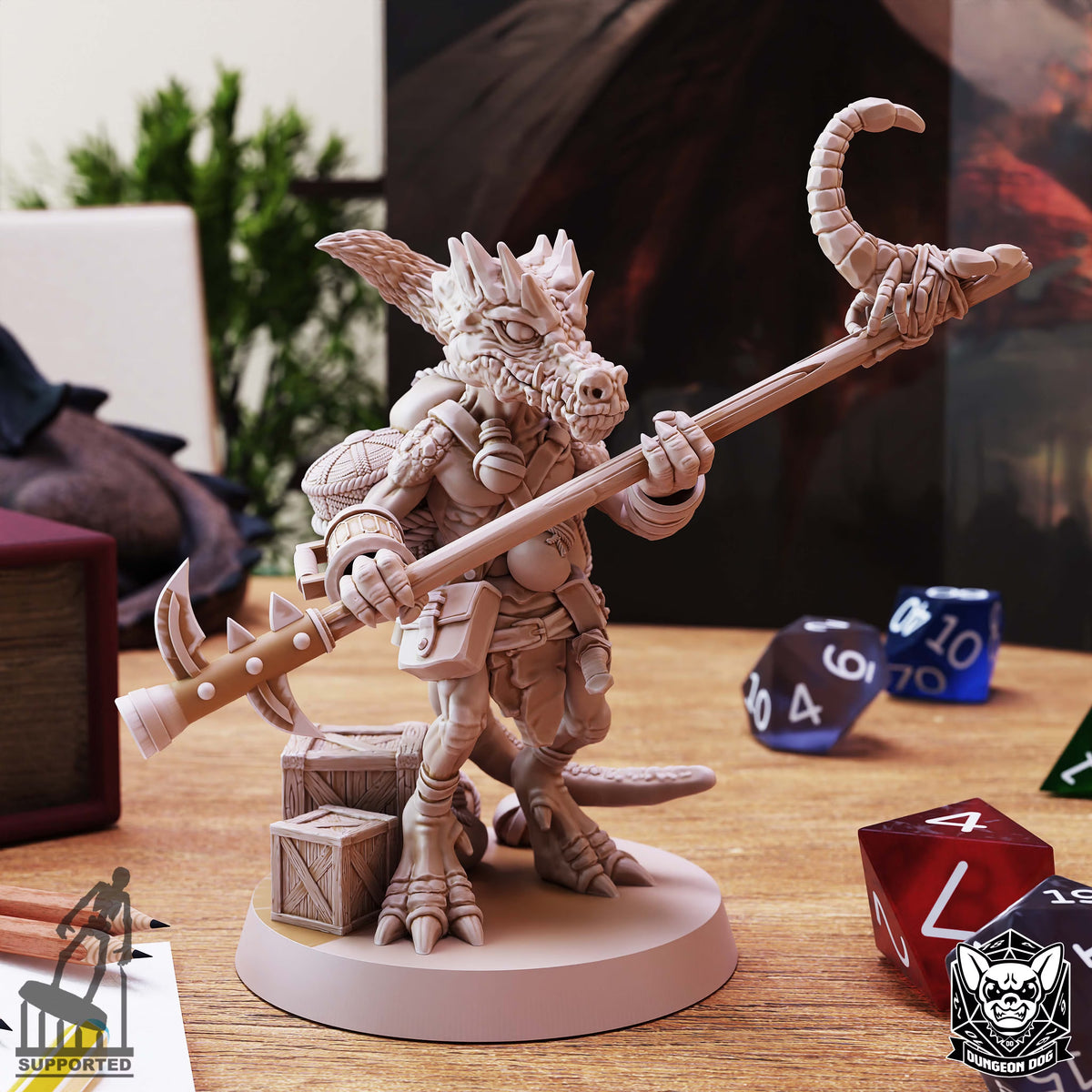 Angled view of Kobold Spurt Collector showing his reptilian face, long staff, travel pack, and wooden supply crates.