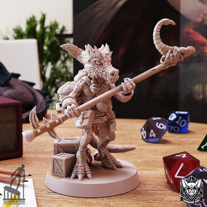 Angled view of Kobold Spurt Collector showing his reptilian face, long staff, travel pack, and wooden supply crates.