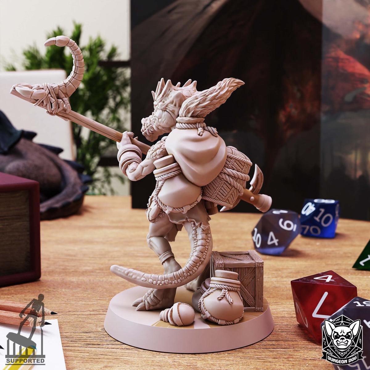 Rear view of Kobold Spurt Collector showing a textured backpack, hood, curved reptilian tail, and supply containers.