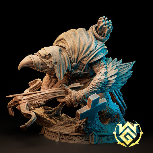Kreak the Flightless Kenku Rogue miniature with feathered avian features, layered clothing, and scenic wilderness base.