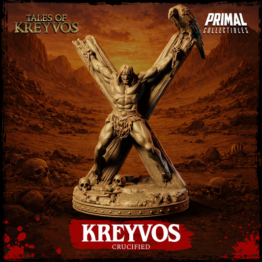 Kreyvos the crucified human barbarian restrained against a wooden cross with a vulture perched overhead and skulls and bones across the base. 