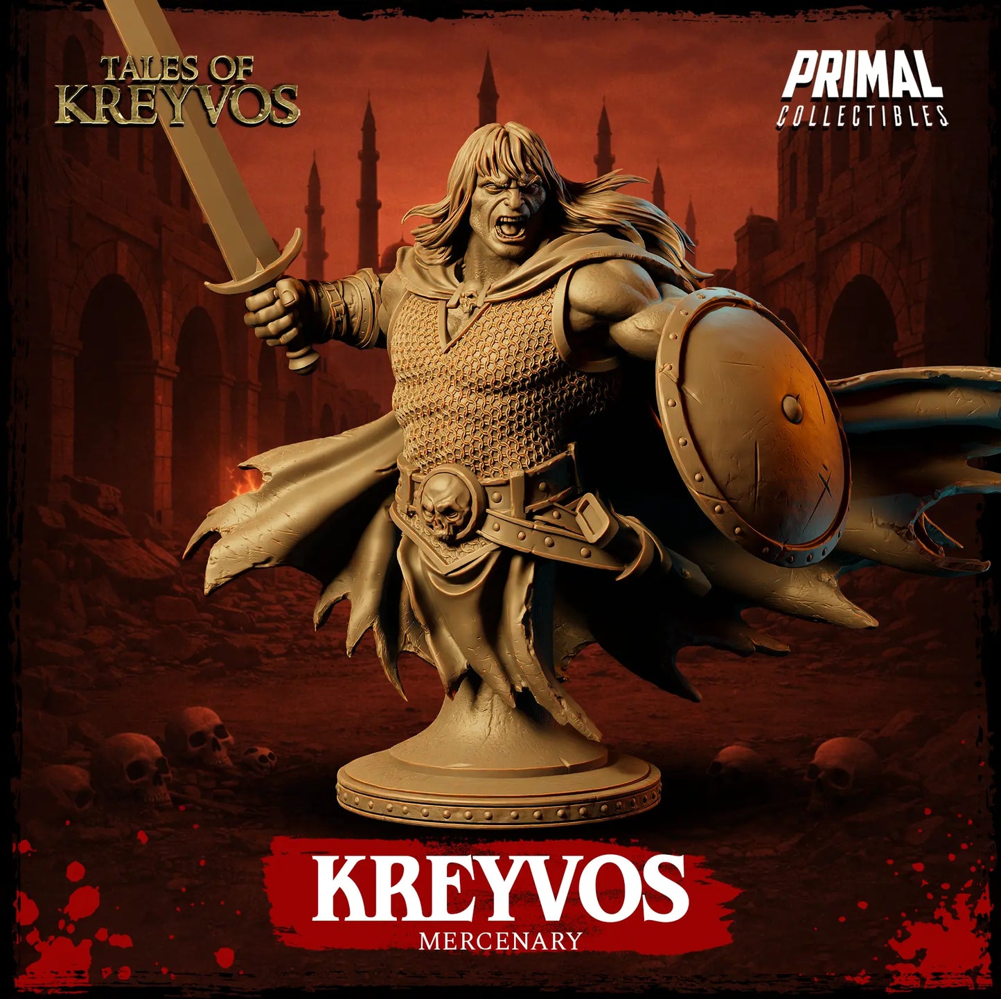 Front view render of the unpainted Kreyvos Human Barbarian display bust on a pedestal, holding a broadsword and round shield.