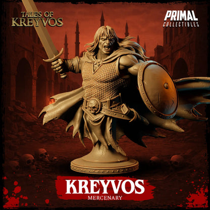 Front view render of the unpainted Kreyvos Human Barbarian display bust on a pedestal, holding a broadsword and round shield.