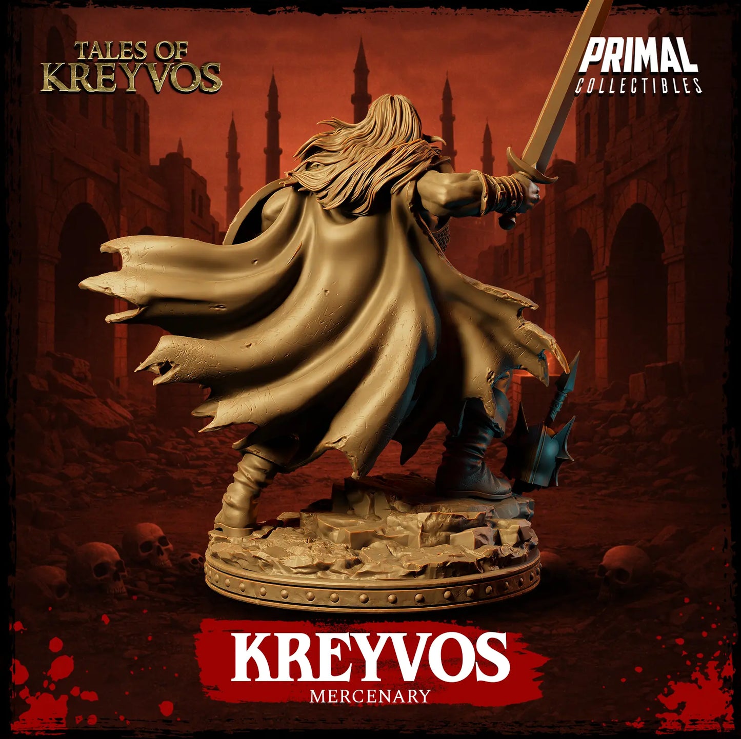 Full body rear render of the Kreyvos miniature showcasing his dynamic stance, muscular legs, and tattered cape.
