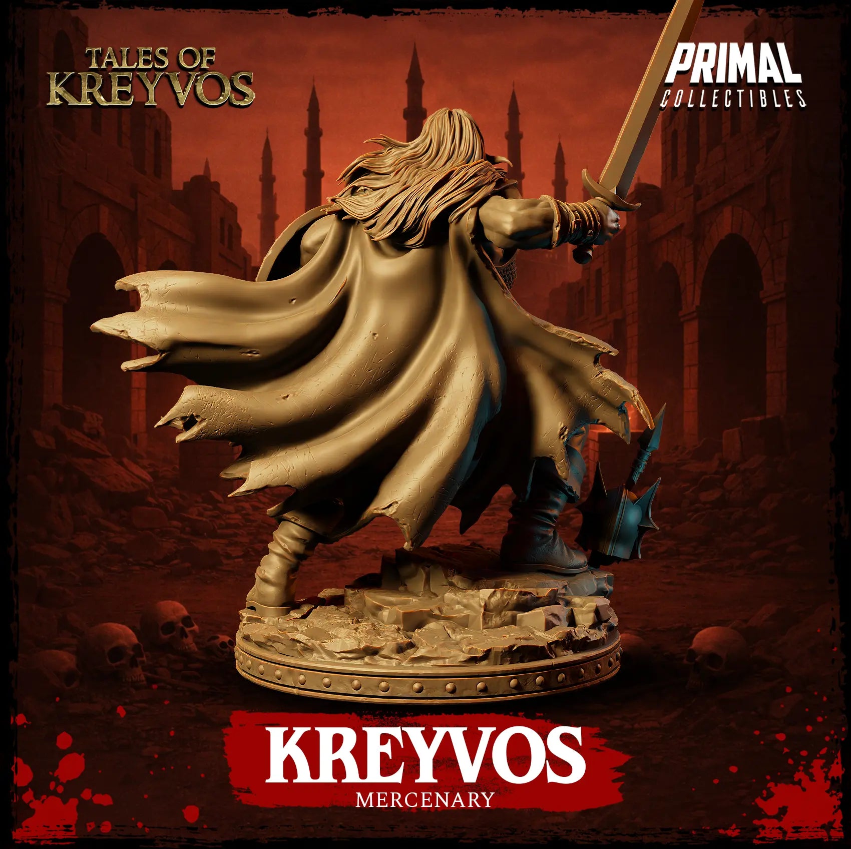 Full body rear render of the Kreyvos miniature showcasing his dynamic stance, muscular legs, and tattered cape.