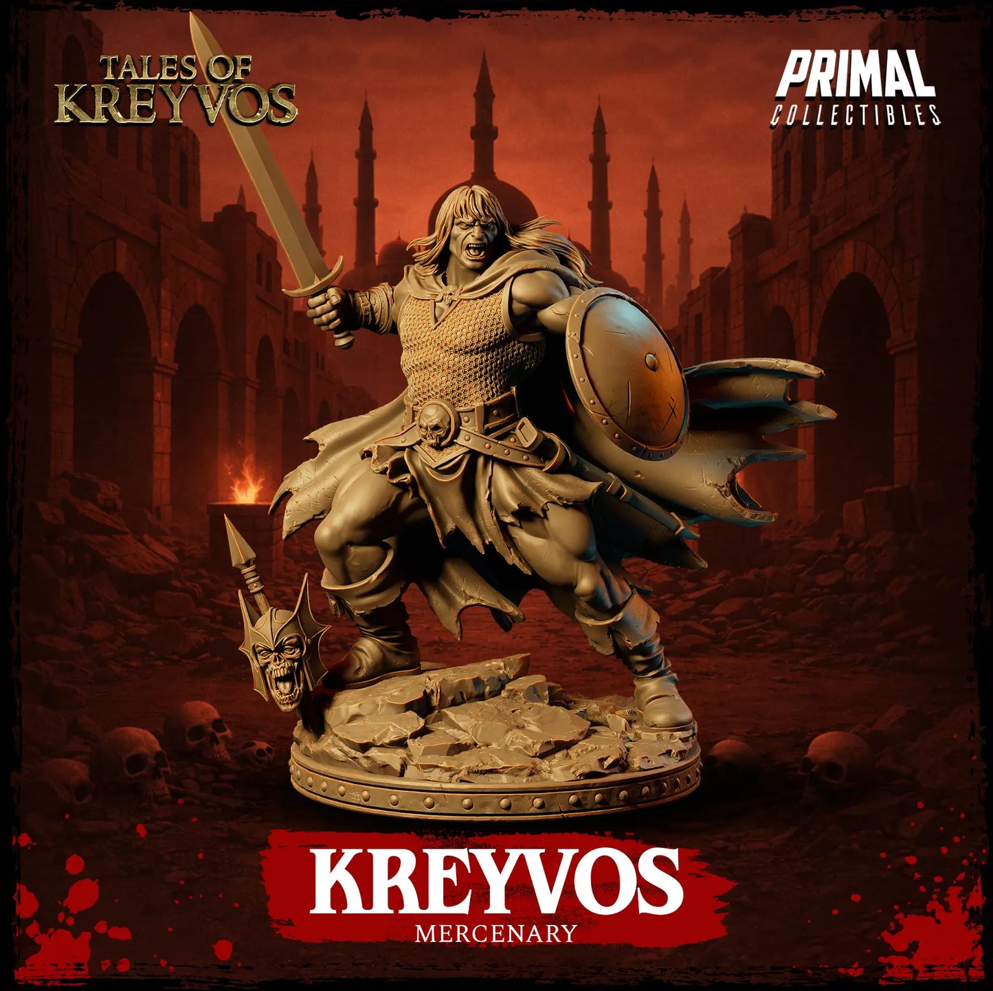 Full body front render of the unpainted Kreyvos miniature standing on a ruined stone base with a skull helmet accessory.