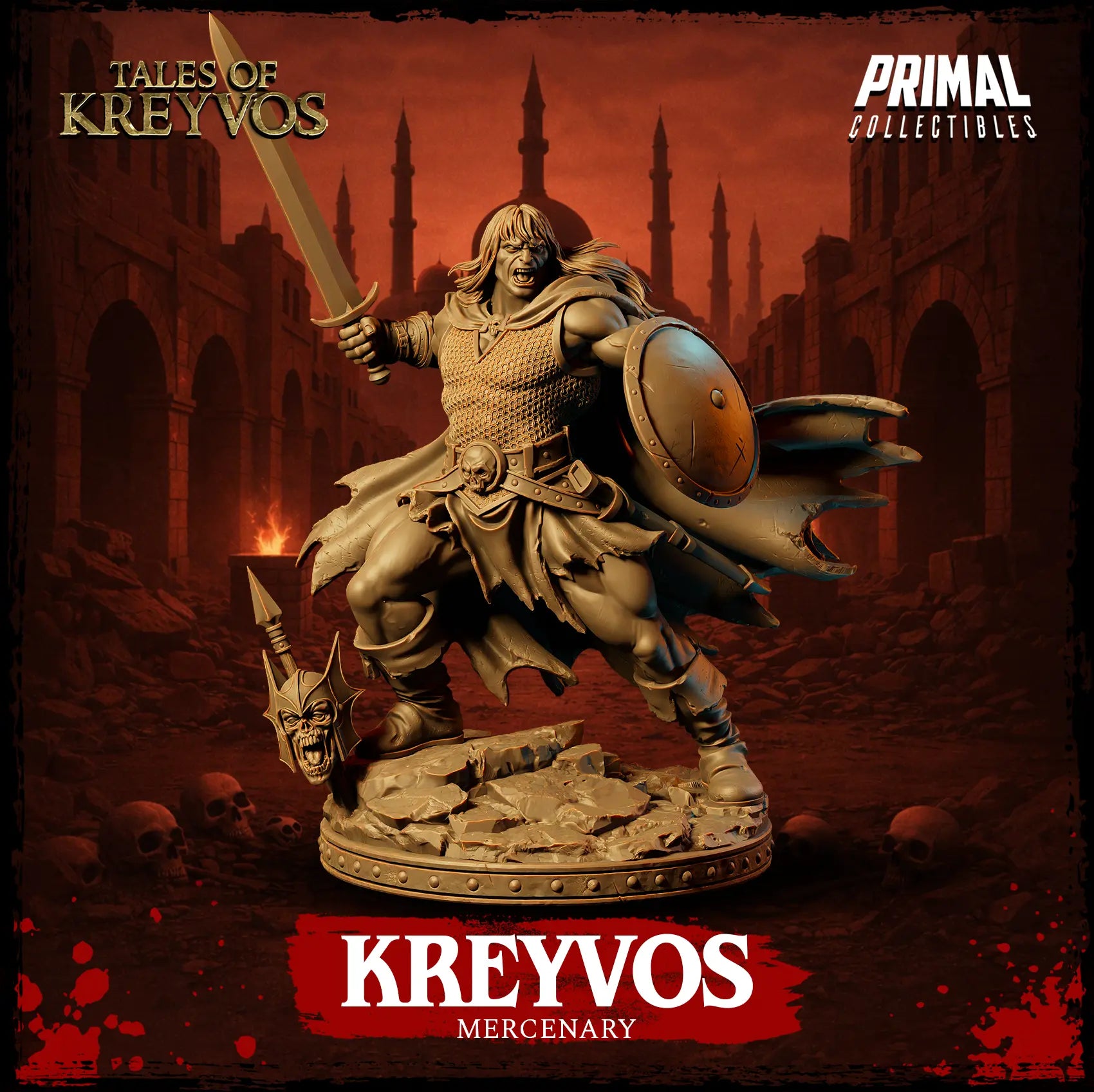 Full body front render of the unpainted Kreyvos miniature standing on a ruined stone base with a skull helmet accessory.