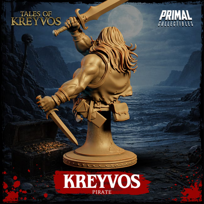 Rear view of the Kreyvos pirate barbarian display bust showing his long hair, raised sword, dagger, belts, pouches, and pedestal base.
