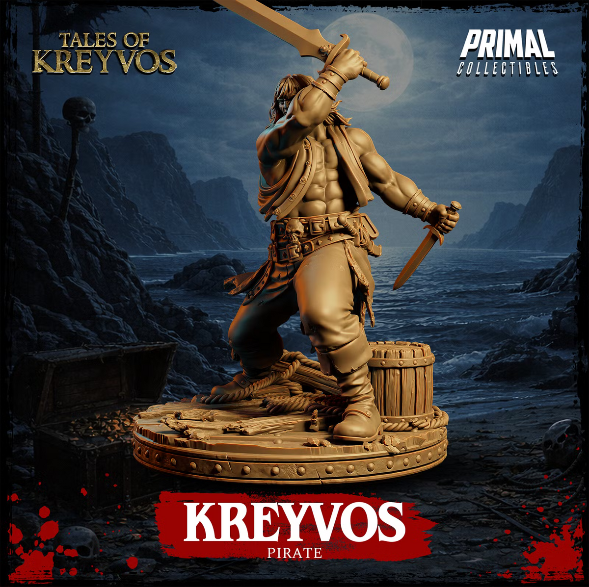 Front view of Kreyvos the pirate barbarian with an oversized sword, dagger, skull belt, ropes, barrel, and broken deck base.
