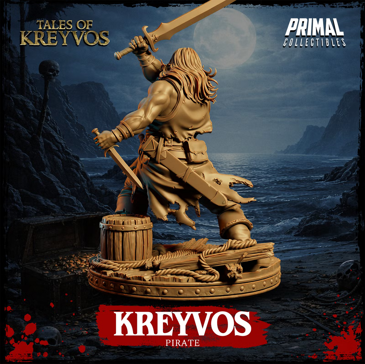 Rear view of Kreyvos showing his long hair, sword, dagger, belts, pouches, torn clothing, ropes, and wooden pirate deck.