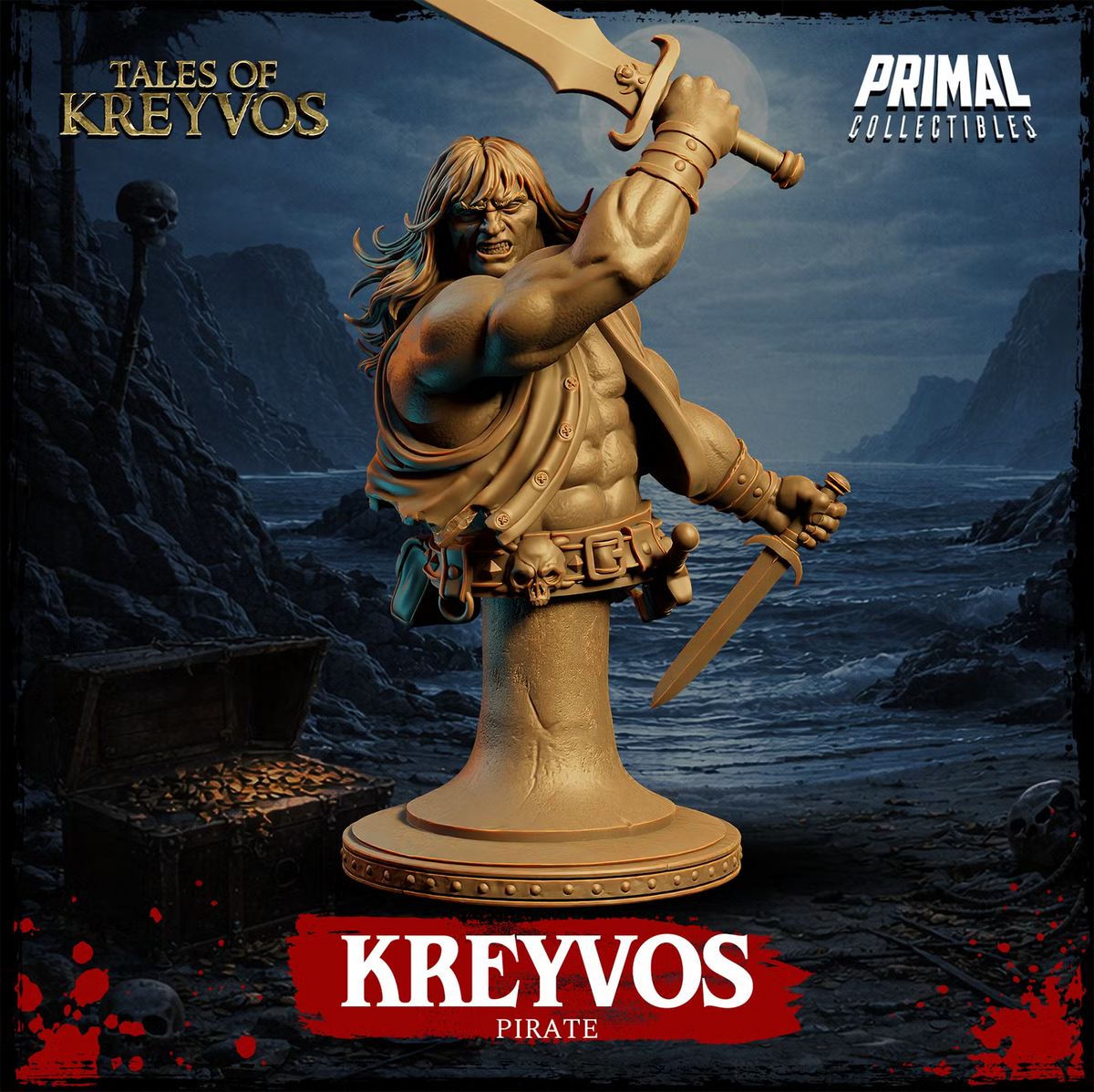 Kreyvos pirate barbarian display bust with oversized sword, dagger, skull belt, muscular torso, and pedestal base.