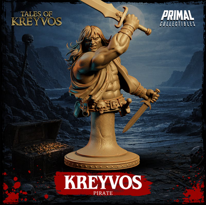 Kreyvos pirate barbarian display bust with oversized sword, dagger, skull belt, muscular torso, and pedestal base.
