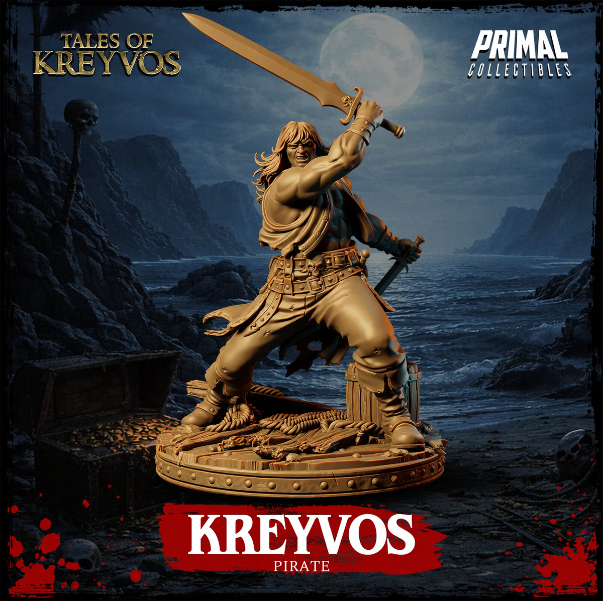 Kreyvos human barbarian pirate raising a massive sword while holding a dagger on a wrecked wooden deck scenic base.