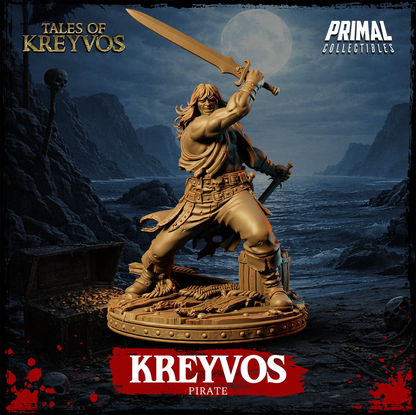 Kreyvos human barbarian pirate raising a massive sword while holding a dagger on a wrecked wooden deck scenic base.