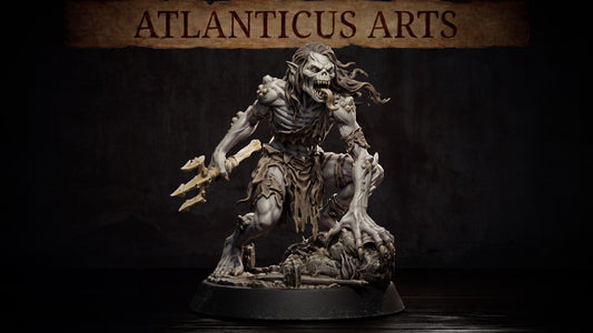 Close-up render of Lacedon Ghoul aquatic undead showing its razor teeth, long tongue, and bone trident.
