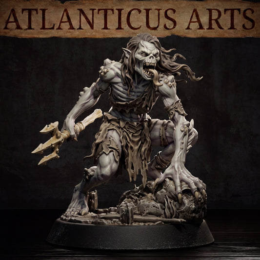 Full landscape view render of Lacedon Ghoul aquatic undead carrying a trident on a wreckage base by Atlanticus Arts.