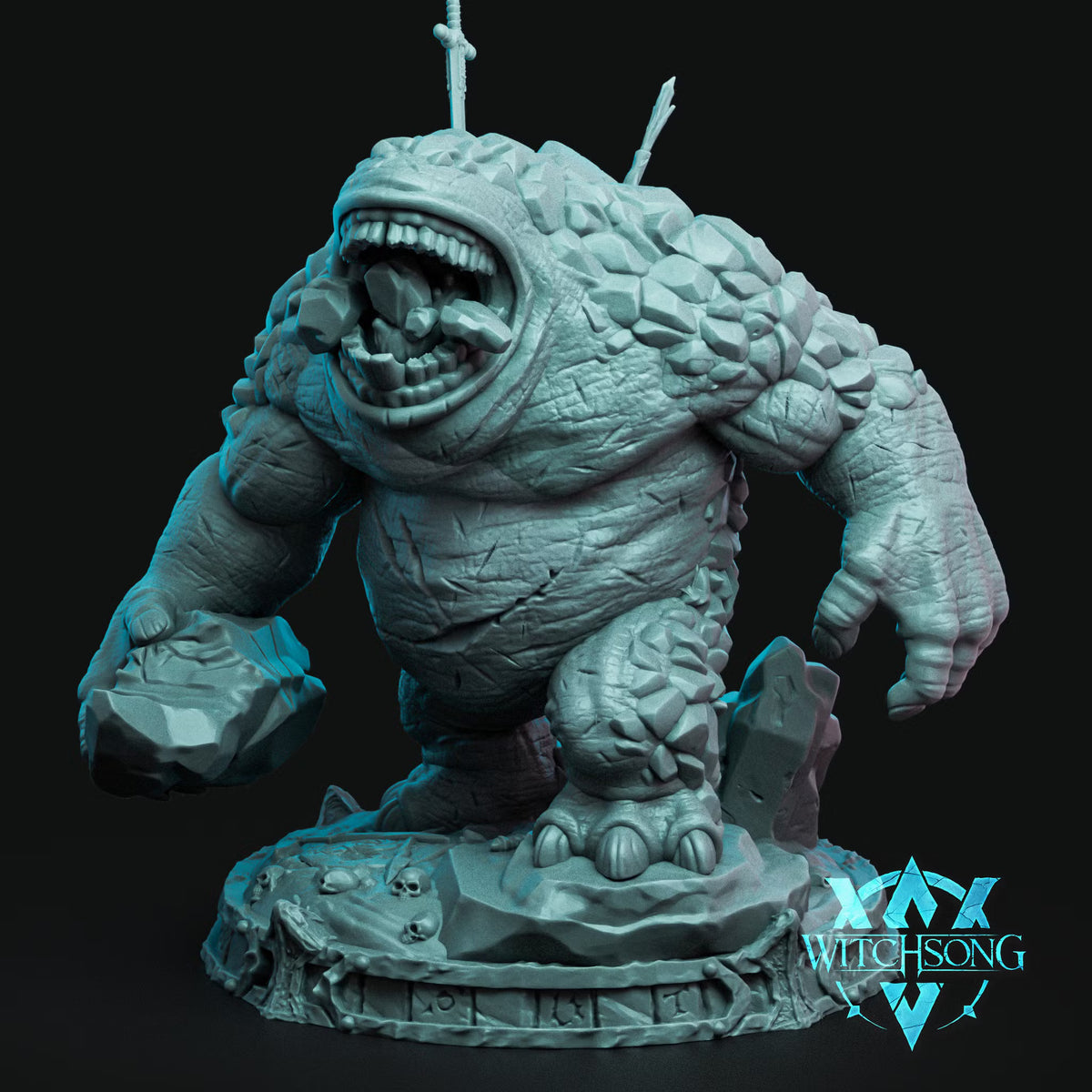 Lak, Eater of Rock Huge Elemental miniature with enormous open maw, rocky hide, oversized limbs, and scenic stone base.