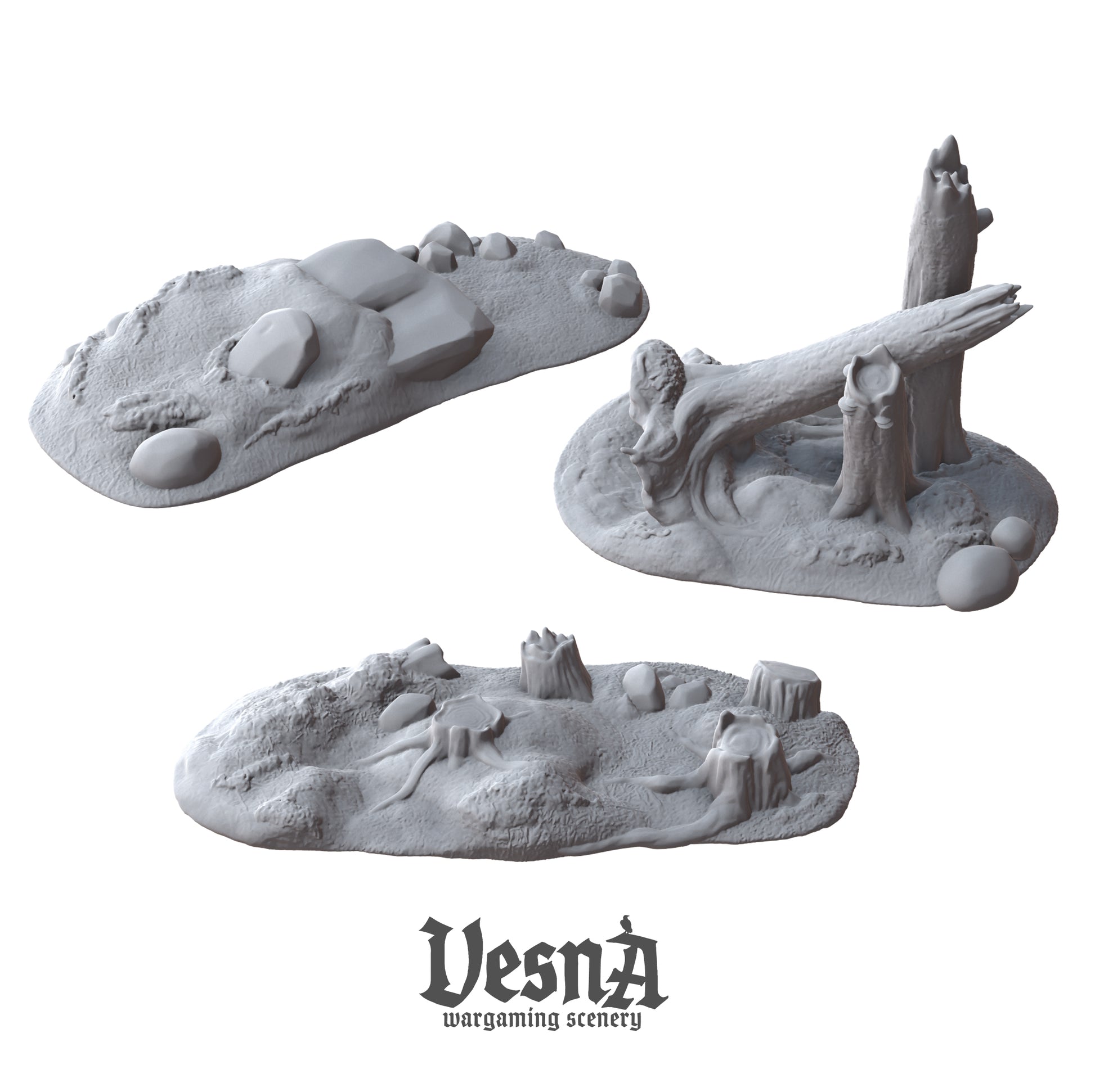 Isometric view of three unique unpainted gray resin forest scatter terrain mounds by VESNA Sculpts, showing a rocky hill, a tree stump patch, and a large leaning fallen log.