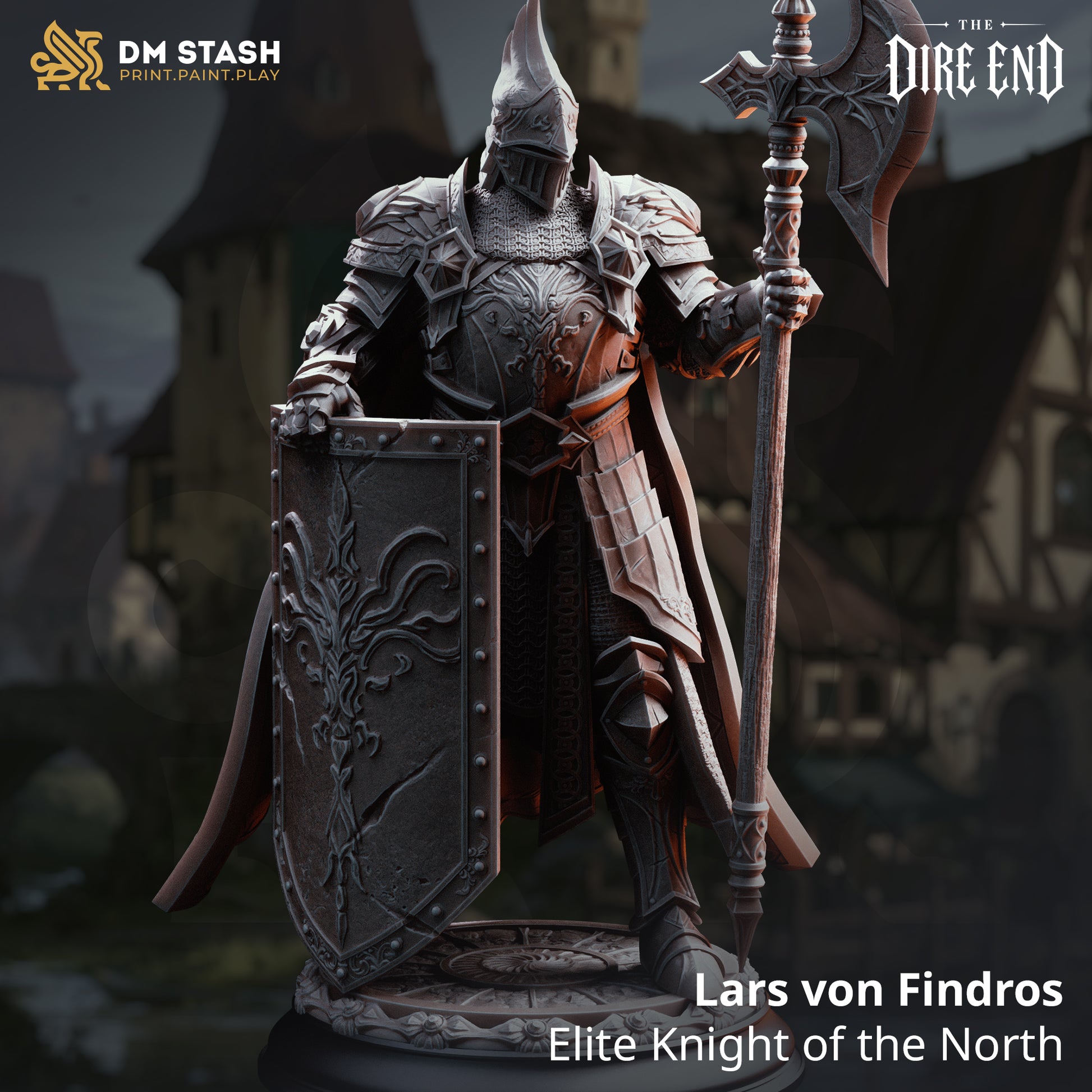 A 3D-rendered dark fantasy resin miniature titled "Lars von Findros - Elite Knight of the North" by DM Stash. The heavily armored male knight stands behind a large tower shield with his left hand resting on a massive halberd battleaxe over a decorative circular floor base.