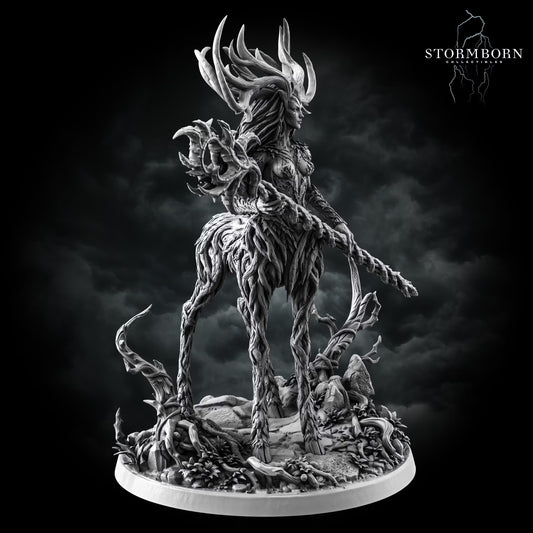 Aldara, Empress of the Life Realm Huge Fey miniature with branching antlers, quadrupedal woodland body, and organic spear. Alternate of front view.