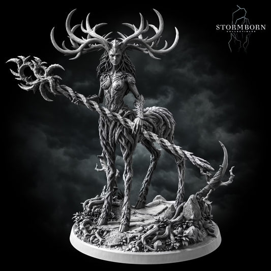 Aldara, Empress of the Life Realm Huge Fey miniature with branching antlers, quadrupedal woodland body, and organic spear.
