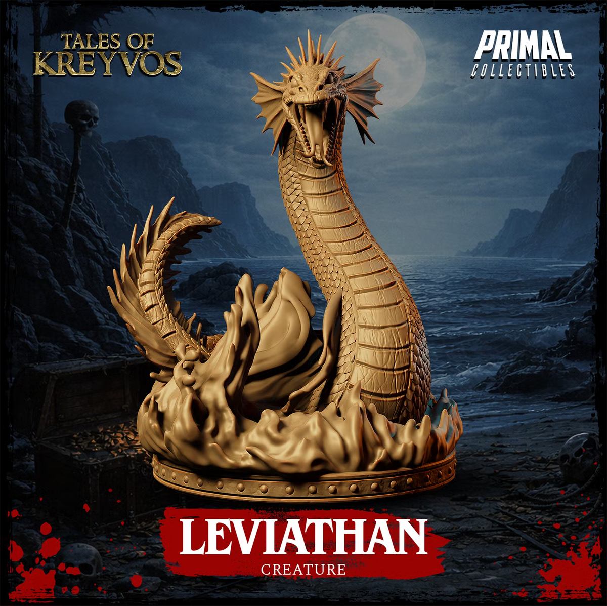 Front view of Leviathan roaring above swirling ocean water with its long neck, sharp teeth, fins, and spined tail visible.