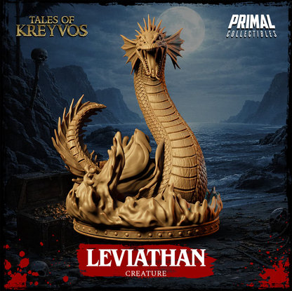 Front view of Leviathan roaring above swirling ocean water with its long neck, sharp teeth, fins, and spined tail visible.