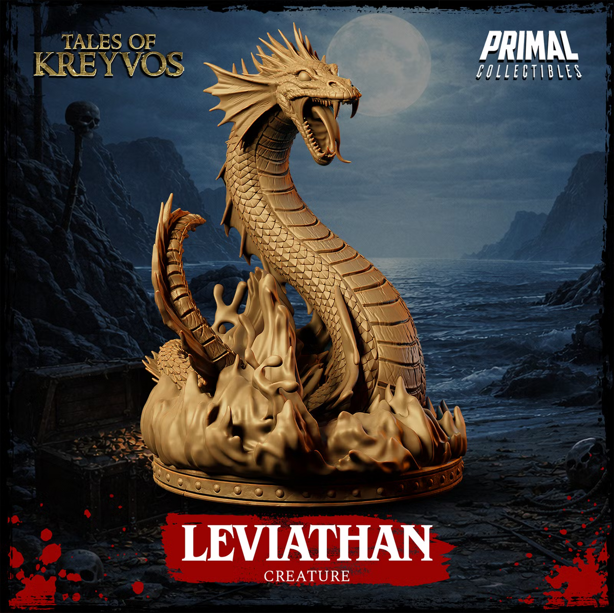 Leviathan Huge Elemental rising from turbulent water with a long scaled neck, open jaws, fins, and curling tail.