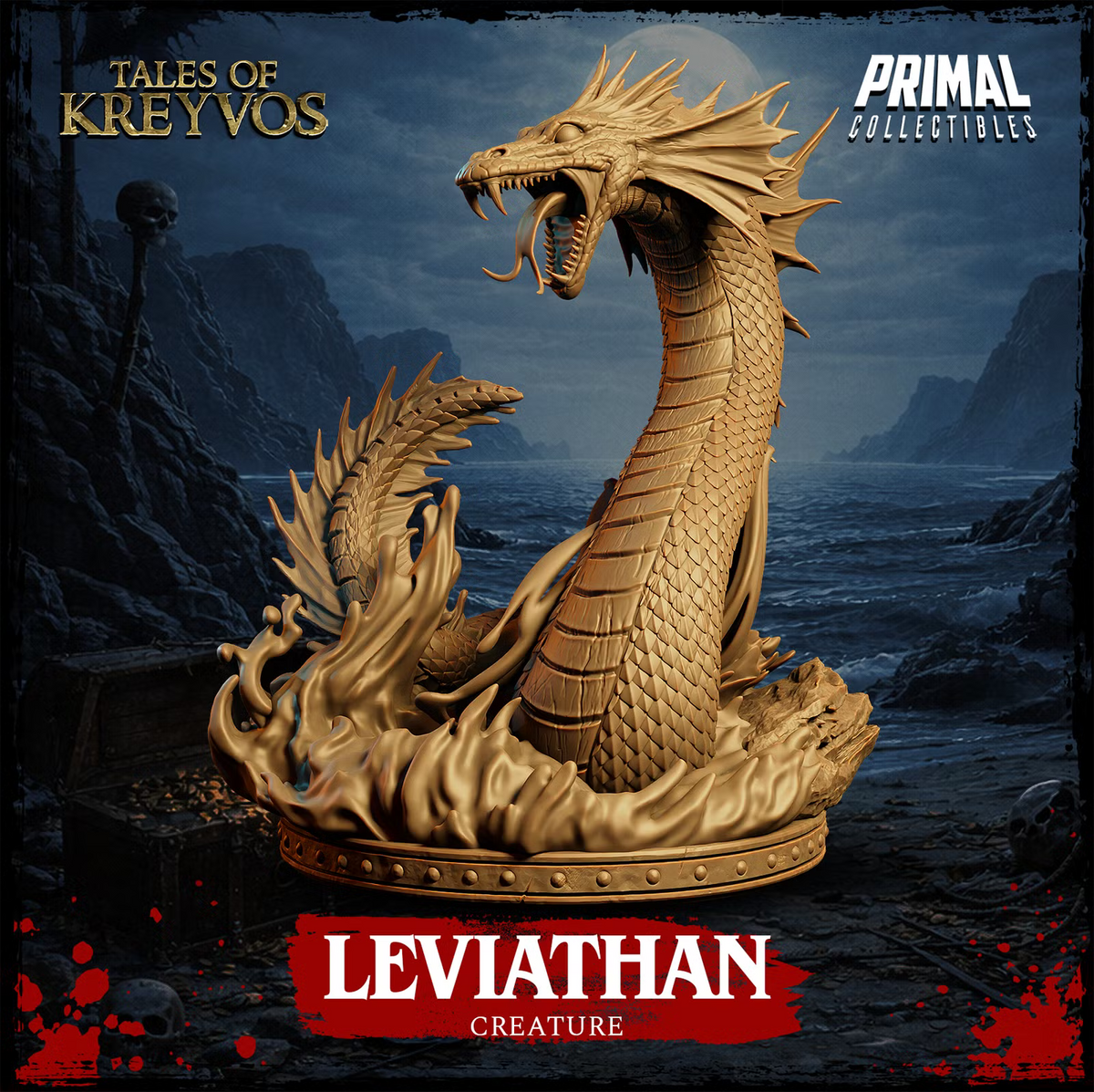 Side view of Leviathan showing its long serpentine body, layered scales, aquatic fins, fangs, and water-covered scenic base.