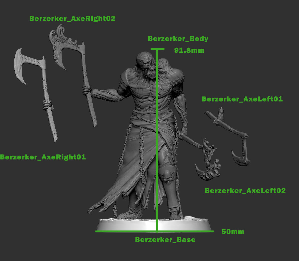 Lich Berserker resin miniature showing interchangeable axe designs, 91.8mm approximate figure height, and 50mm round base.