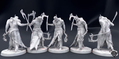 Lich Berserker Large Undead miniature shown from multiple angles with dual axes, skeletal facial features, flowing hair, chains, and tattered clothing.