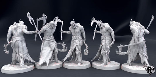 Lich Berserker Large Undead miniature shown from multiple angles with dual axes, skeletal facial features, flowing hair, chains, and tattered clothing.