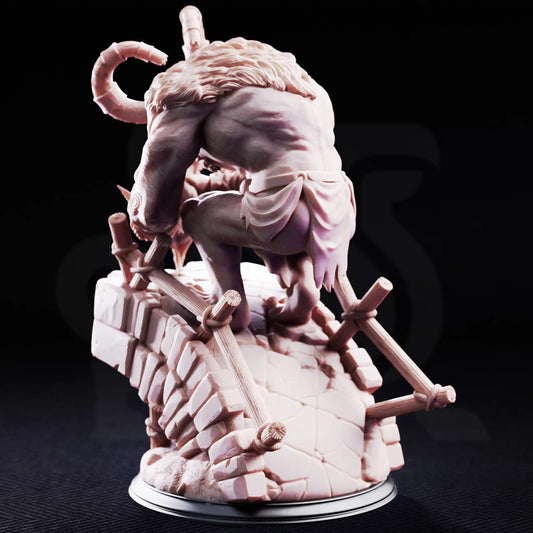 Rear render view of the Little John Bridge Troll miniature showing his muscular back, fur shoulder mantle, and stone bridge structure.