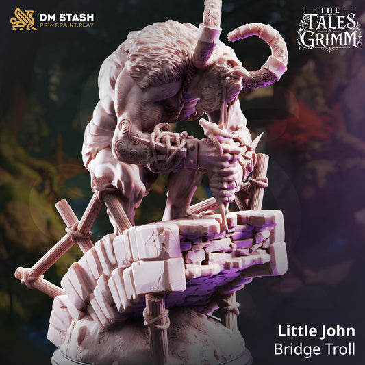 Main promo render view of the Little John Bridge Troll miniature by DM Stash crouched on a cobblestone bridge with curled horns.