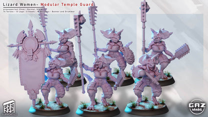 izard Women Temple Guard fighters shown together with polearms, shields, ceremonial weapons, and banner equipment.