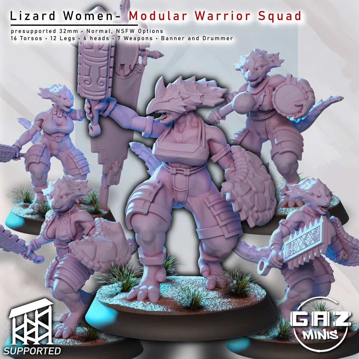 Gaz Minis Lizard Women Modular Warrior Squad promotional image showing multiple Lizardfolk fighters with shields, weapons, banner, and drum.