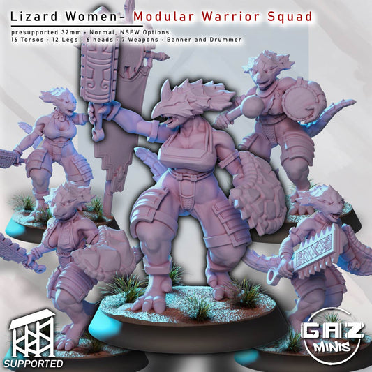 Gaz Minis Lizard Women Modular Warrior Squad promotional image showing multiple Lizardfolk fighters with shields, weapons, banner, and drum.